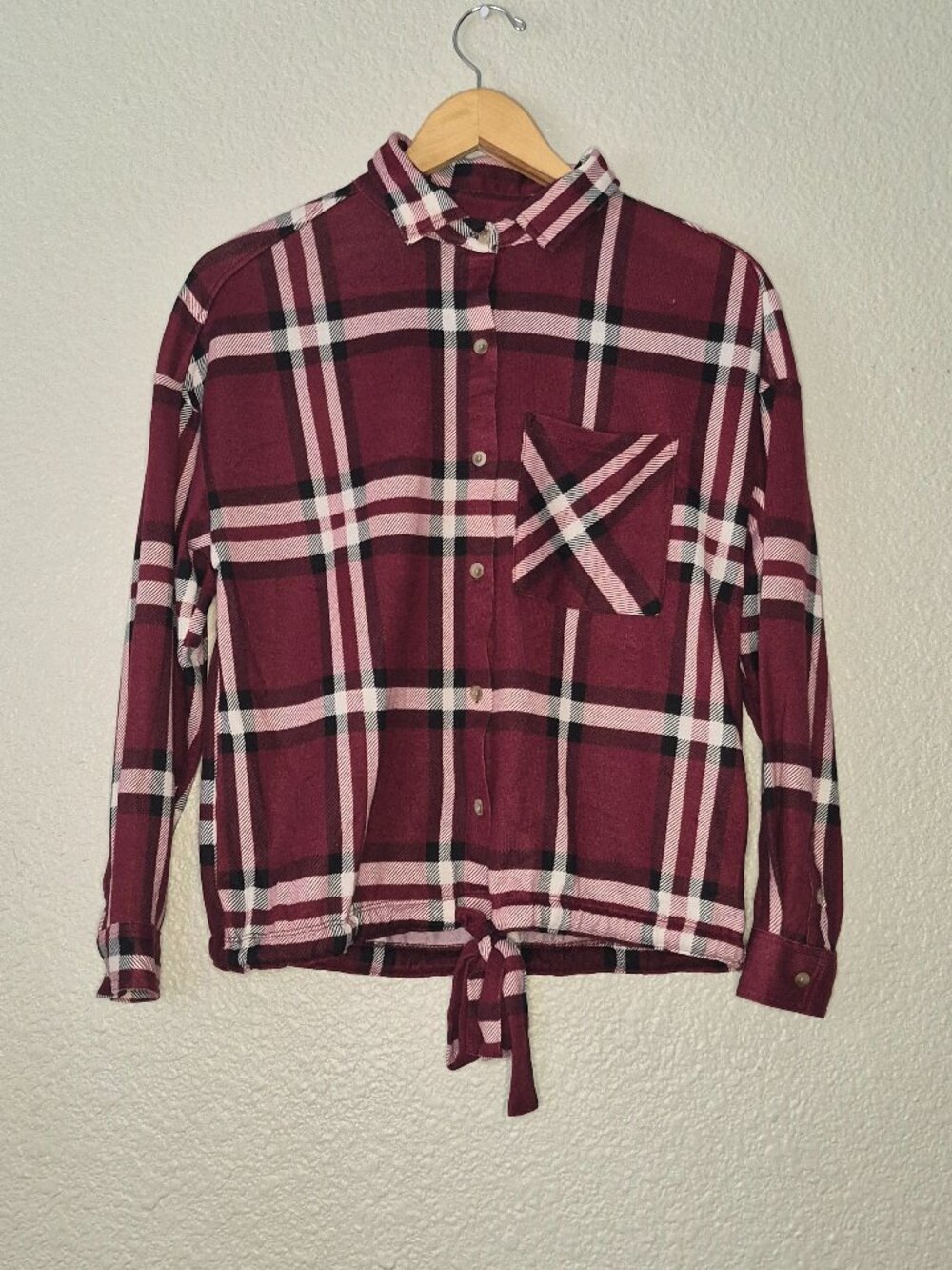 Polly Esther Womens Red Plaid Top Size: Small
